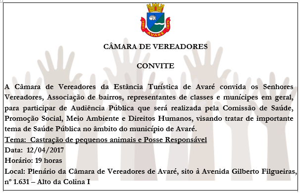 Convite Audiência Pública sobre Castração de pequenos animais e Posse Responsável