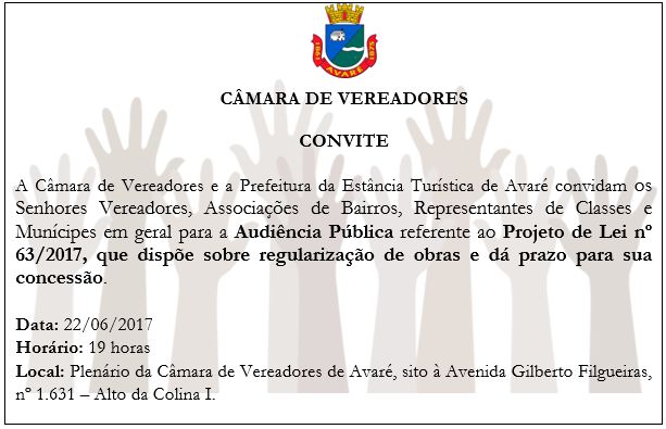 Convite: audiência pública Projeto de Lei que dispõe sobre regularização de obras e dá prazo para sua concessão.