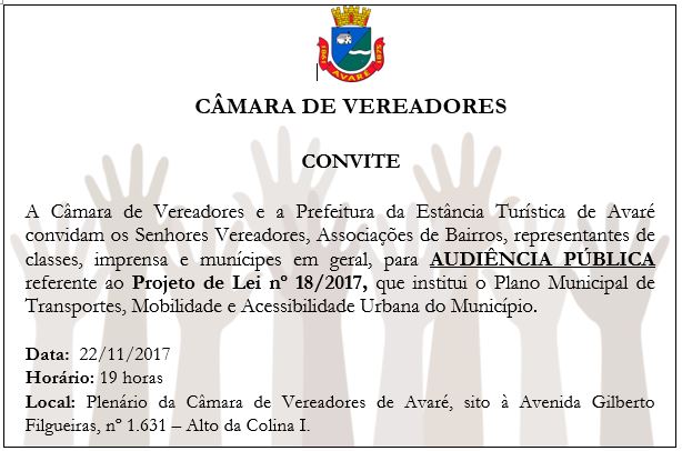 Convite: audiência pública do Plano Municipal de Mobilidade e Acessibilidade Urbana do Município