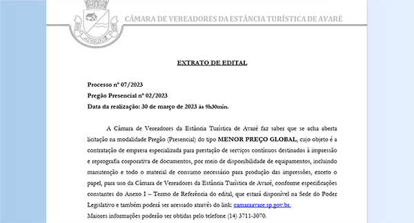   PROCESSO N° 07/2023 - Pregão Presencial nº 02/2023 - SERVIÇOS IMPRESSÃO REPROGRAFIA